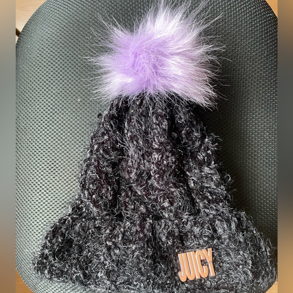 Juicy Couture  Black Beanie with Purple Pom-Pom